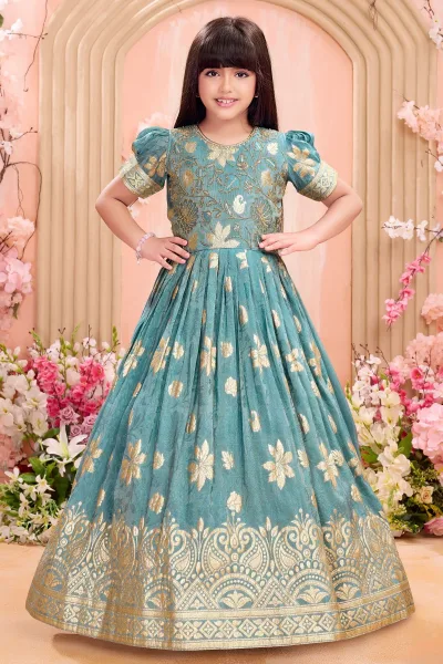 Sea Green Banaras Zari, Beads, Sequins, Stone and Zardozi work Long Party Gown